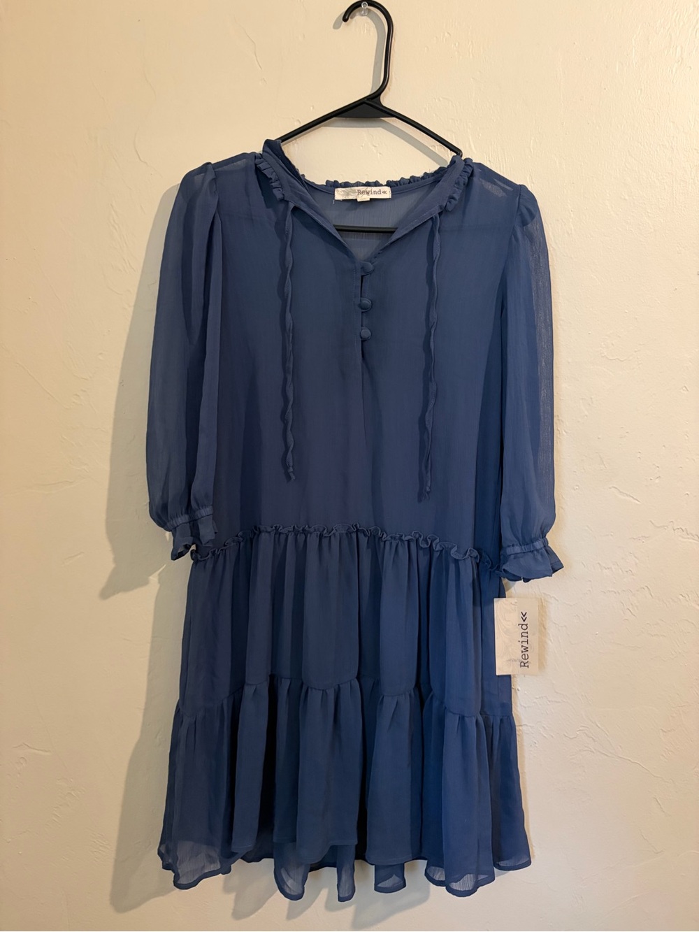 Rewind sheer Slate Blue dress with Ruffled Neckline
